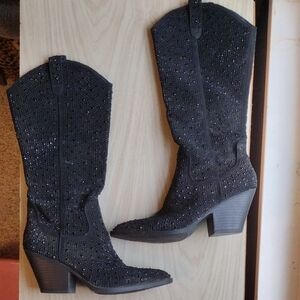 Forever Black Glitter Heeled Cowboy Boots Size 9